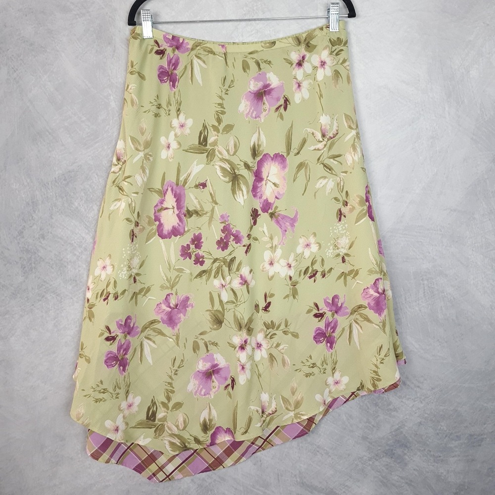 Vntg Y2K Skirt Womens 12 Green Floral Chiffon Midi Asym Hem Flutter Whimsy Fairy - Picture 13 of 16